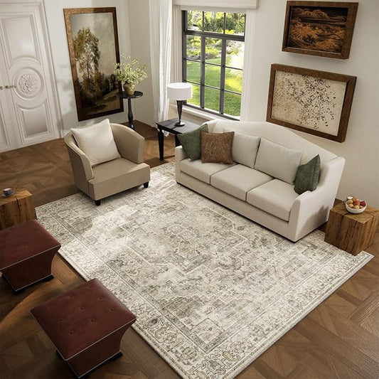 Washable Area Rugs for Living Room: 5x7 Bedroom Area Rugs Boho Vintage Rugs Stain Resistant Non Slip Low Pile Soft Lightweight Carpet for Kitchen Dining Room Farmhouse Nursery Kids Room Home Office