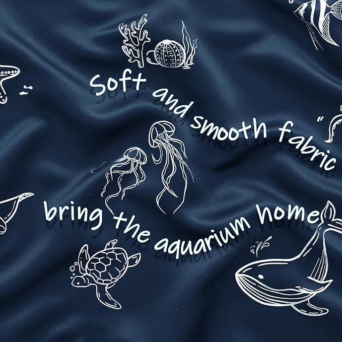 Vangao Kids Curtains for Boys Bedroom Kids Blackout Curtains 96 Inch Length Ocean Aquarium Nursery Drapes for Girls Bedroom Silver Sea Animals Print Thermal Insulated Drapes, Navy Blue 2 Panels