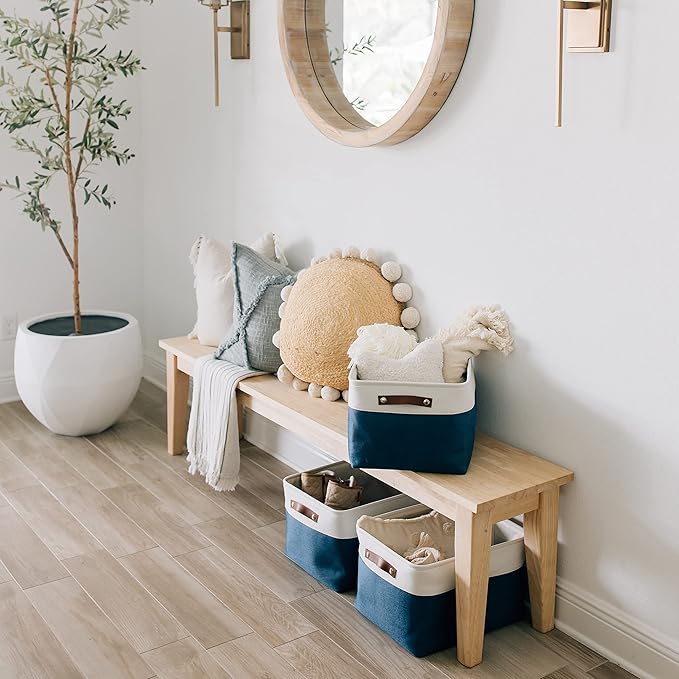 OrganiHaus Large Fabric Storage Bins for Shelves 3 Pack, 15x11in Closet Storage Bins for Shelves, Cloth Baskets & Closet Organizers, Fabric Basket, Navy Blue/White