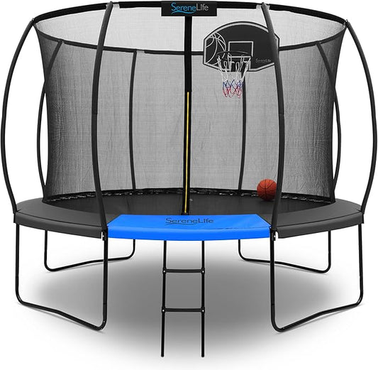 SereneLife 8FT 10FT 12FT 14FT Outdoor Trampoline for Kids - Recreational Backyard Trampoline with Curved Safety Poles and Net Enclosure- ASTM Approval for Kids Adults
