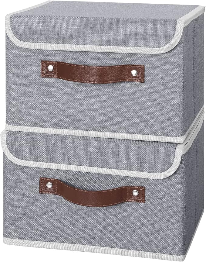 ANMINY 2PCS Storage Bins with Lid PU Leather Handles Storage Boxes PP Plastic Board Decorative Foldable Lidded Cotton Linen Fabric Home Cubes Baskets Closet Organizer Containers - Gray, Small Size