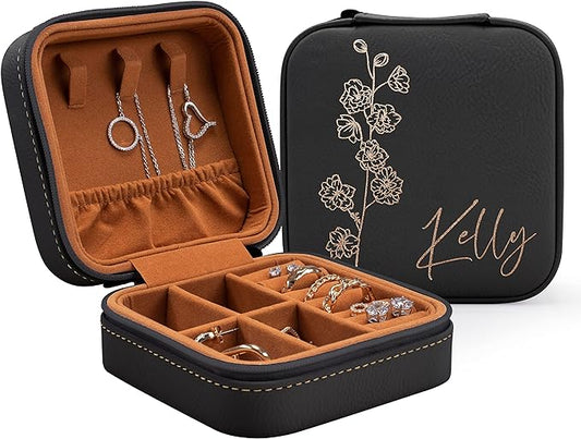 Custom Leather Jewelry Box w/Name & Birth Flower Month - Birthday Gifts for Women, Personalized Jewelry Travel Case - Customized Jewelry Organizer Box, Mom Birthday Gifts - Black