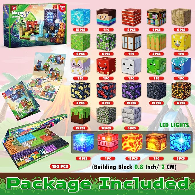 Magnetic Blocks - 150 PCS Dinosaur Volcano Forest Castle Set with Light Up Blocks - Kids Classroom Sensory Toy for Toddlers STEM, Construction Stacking Toy Kids 3+ Boys Girls Christmas Birthday Gifts