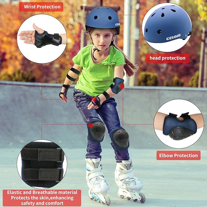 Kids Bike Skateboard Helmet Pad Set,Toddler Cyling Protective Gear Knee & Elbow Pads Wrist Guards for 5-8-10-12-14-16 Years Girls Boys Bicycle Scooter Roller Skate Inline Skating Rollerblading
