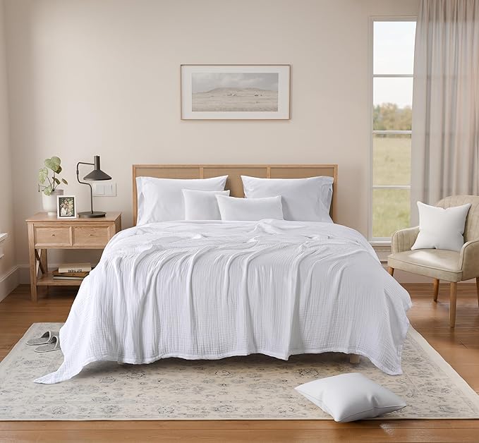 Threadmill Muslin Twin Blanket | Soft, Breathable and Lightweight Summer Blanket | 4-Layer Gauze for Kids and Adults | Twin Size | White