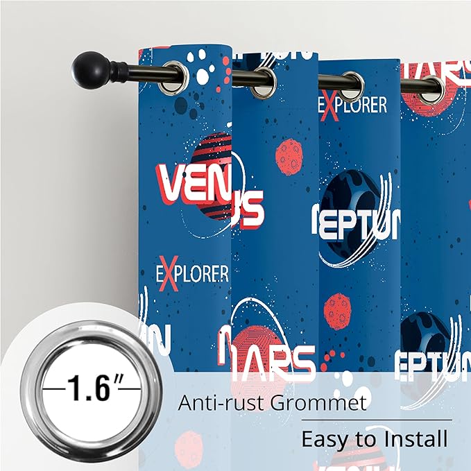 Kids Space Mars Blackout Curtains - 100% Blackout, Thermal Insulated, Noise Reducing,Bring The Cosmos Closer to Kids Room, 2 Panels (Planet Parade, W52×L63)