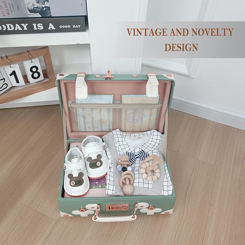 Unitravel Baby Keepsake Case, 13" Handmade Memory Storage Box, Newborn Keepsake Box, Vintage Suitcase for Baby Shower, Baptism, Naming Ceremony or Birthday (mint green)