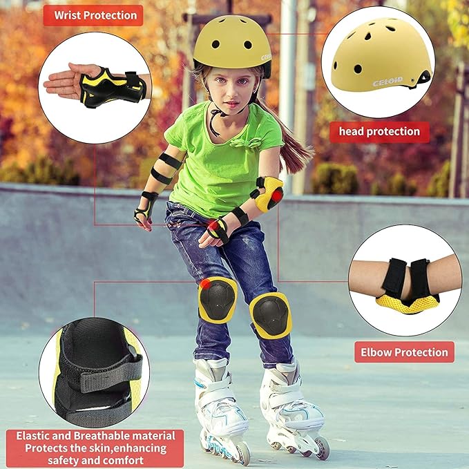 Kids Bike Skateboard Helmet Pad Set,Toddler Cyling Protective Gear Knee & Elbow Pads Wrist Guards for 5-8-10-12-14-16 Years Girls Boys Bicycle Scooter Roller Skate Inline Skating Rollerblading