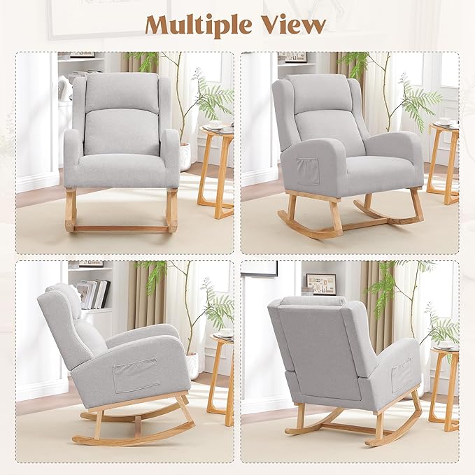 Rocking Chair Nursery, Nursing Rocking Chairs for Mom Nursery, Comfy Wingback Glider Rocking Armchair with Side Pocket for Nursery Living Room Bedroom, Light Grey