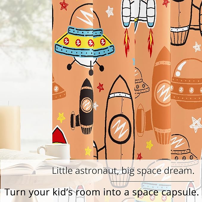 Kids Space UFO Rocket Blackout Curtains - 100% Blackout, Thermal Insulated, Noise Reducing, Perfect for Kids Room and Nursery, 2 Panels (Sunny Space Parade, W52×L63)