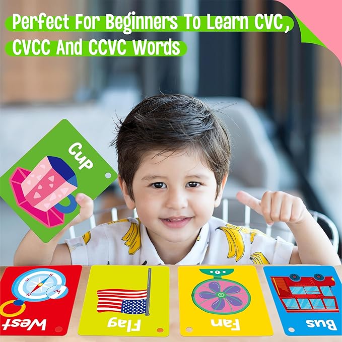 52 PCS Word Flashcards, 52 CVC Words & 52 CVCC, CCVC Words Double-Sided Cards with 2 Rings, Vocabulary Phonics Learning, Educational Tool for Preschool, Kindergarten, Toddlers
