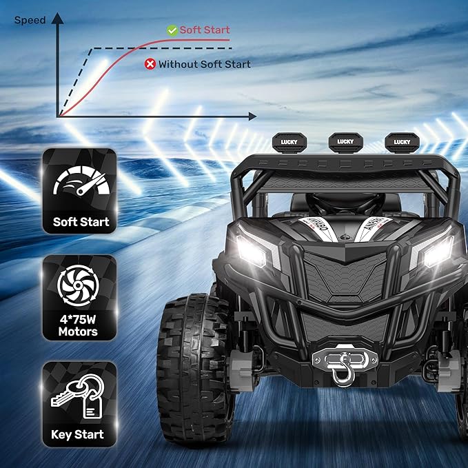 ANPABO 24V 4X4 Ride on Car Truck w/Remote Control, 4WD/2WD Switchable Kids UTV, 19" Spacious Seat, 4 Shock Absorbers, Soft Start, Music Player, Electric Car for Kids Ages 3+(Black