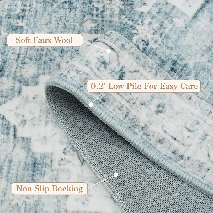 LIVEBOX Washable 2x6 Runner Rug for Bathroom, Non Slip Kitchen Mats for Floor Entryway, Boho Indoor Front Door Mat Low-Pile Runners for Hallways, Farmhouse Rugs for Bath Laundry, Blue