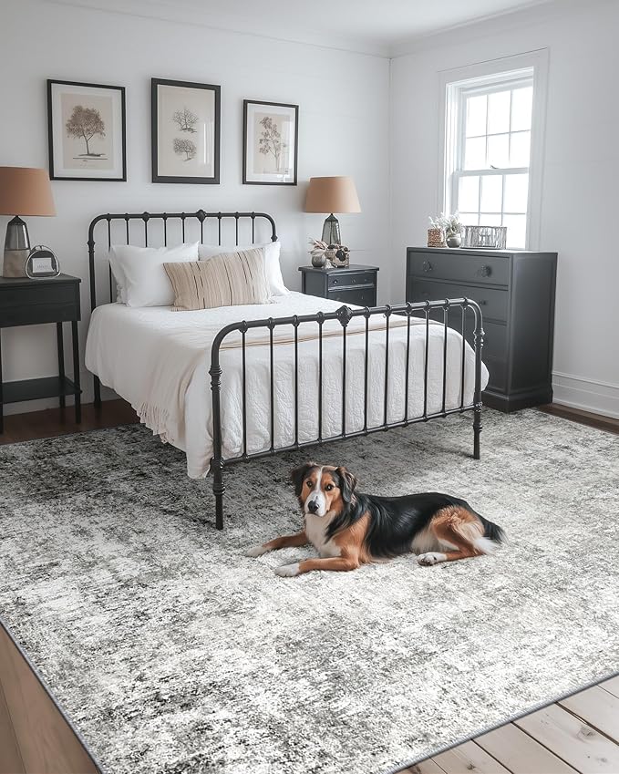 Washable Area Rugs 6'x9' Non-Slip Modern Abstract Soft for Living Room Entryway Bedroom Nursery, Print Pattern, Gray White Grey