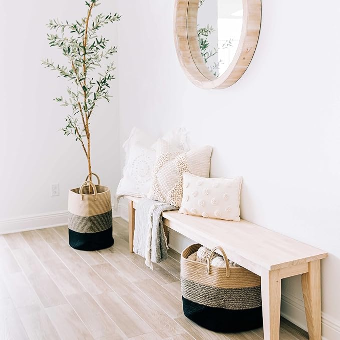 OrganiHaus Woven Laundry Basket, Large Cotton Rope Blanket Holder with Handles, Soft & Sturdy Nursery Hamper, Decorative Toy Bin for Living Room Organization 20x13 inches - Brown/Black