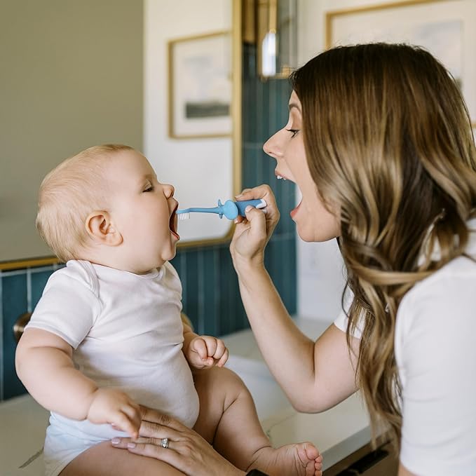 Dr. Brown's Infant-to-Toddler Training Toothbrush Set, Blue Elephant with Fluoride-Free Apple Pear Baby Toothpaste, 0-3 years