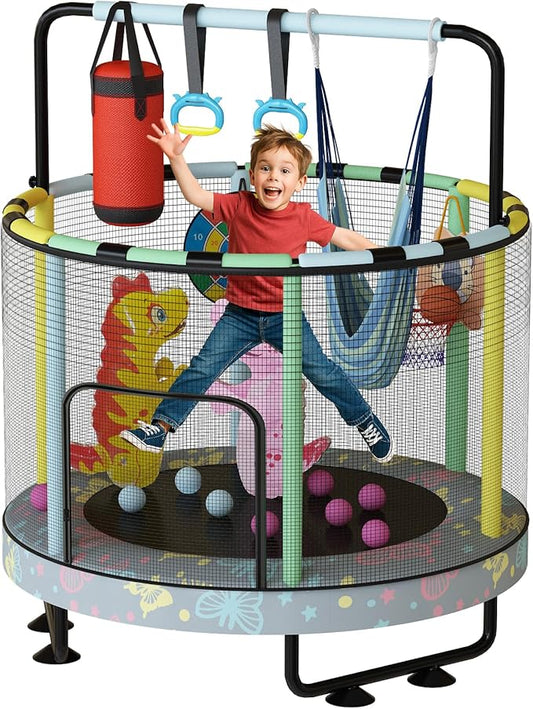 LAMERGE 55" 7-in-1 Round Trampoline for Kids Boys & Girls Ages 1-8, Indoor & Outdoor Trampoline for Fun, Adjustable Height Handrail ＆ Enclosed Safety Net ＆ Durable Designs for Toddlers Children
