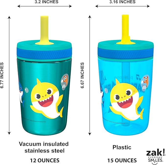 Zak Designs Baby Shark Kelso Tumbler Set, Leak-Proof Screw-On Lid with Straw, Bundle for Kids Includes Plastic and Stainless Steel Cups with Bonus Sipper (3pc Set, Non-BPA)15 fl oz.