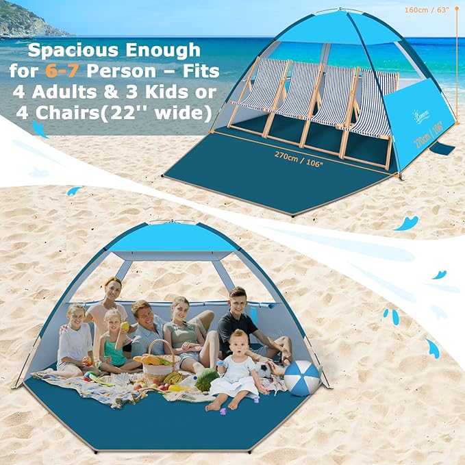 COMMOUDS Beach Tent Sun Shade for 3/4-5/6-7/8-10 Person, UPF 50+ Beach Sun Shelter Canopy Tent, Lightweight, Easy Set Up and Carry