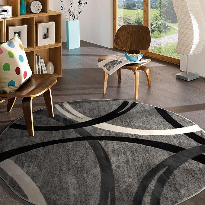 Rugshop Modern Wavy Circles Design Round Area Rug 8' Gray
