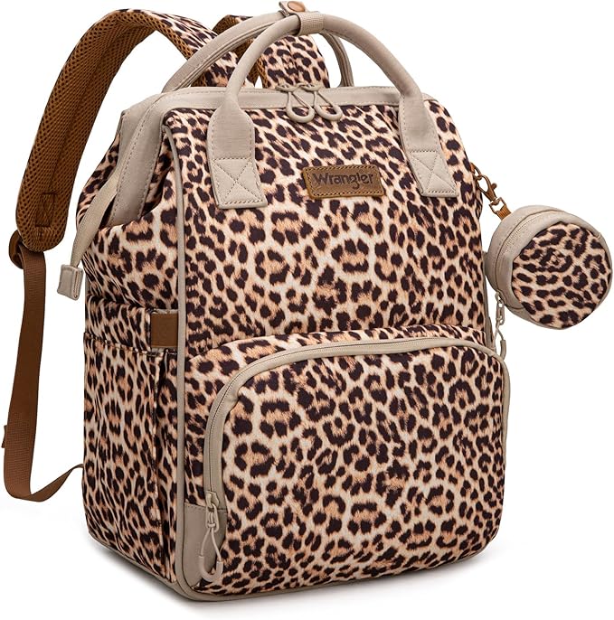 Wrangler Leopard Print Backpack Multifunction Baby Travel Bag with Changing Pad, Stroller Straps and Pacifier Case WG2204-91103LP-BR