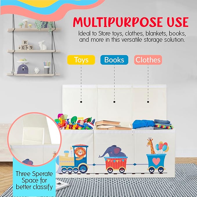 Extra Large Collapsible Sturdy Toy Storage Organizer with Lids, Animal Train Toy Box for Boys Girls, 40"x16"x16", Modern, Beige