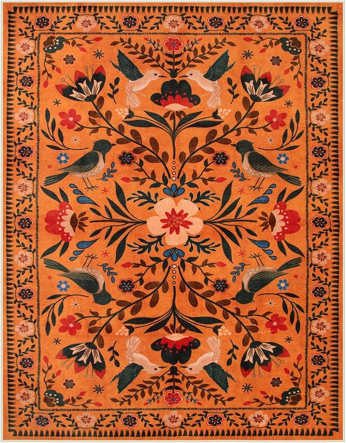 Moynesa Washable Rugs 8x10, Ultra Thin Boho Bird Living Room Area Rug Stain Resistance, Indoor Soft Orange Floral Large Easy Clean Carpet for Bedroom Dining Room Under Table Kid Playroom