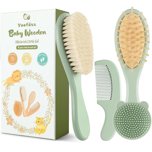Yoofoss 4 Piece Baby Hair Brush and Comb Set，Wooden Baby Hair Brush with Natural Ultra Soft Goat Hair, Baby Comb Set for Boy, Girl - Green