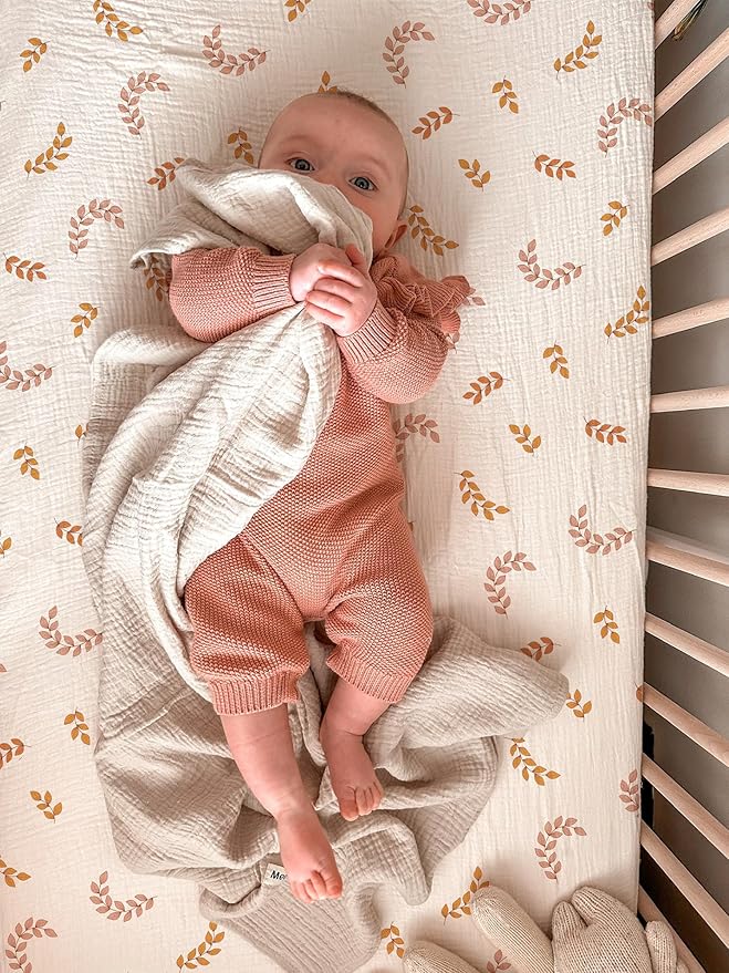 Bassinet Sheet for Baby Boy and Girl 2 Pack, Fitted Sheets for Rectangle, Oval, Hourglass Bassinet Mattress, Muslin Moses Basket Sheets with Neutral Style (Brick & Leaf)