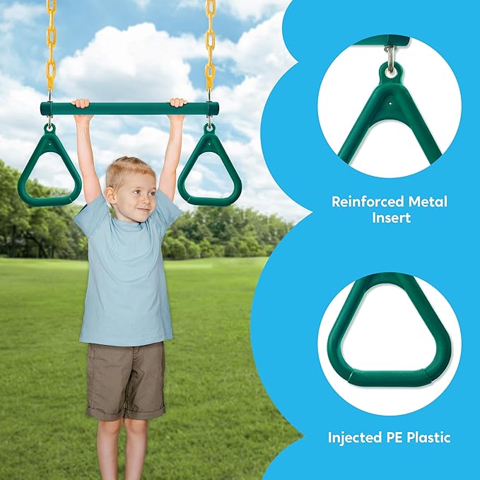 TURFEE 3 Pack Assorted Swing Set, Including 1 Gym Rings Trapeze Bar and 2 Pcs Swings with Plastic Coated Chain, Swingset Accessories Replacement for Kids Outdoor Play, Playground- Green