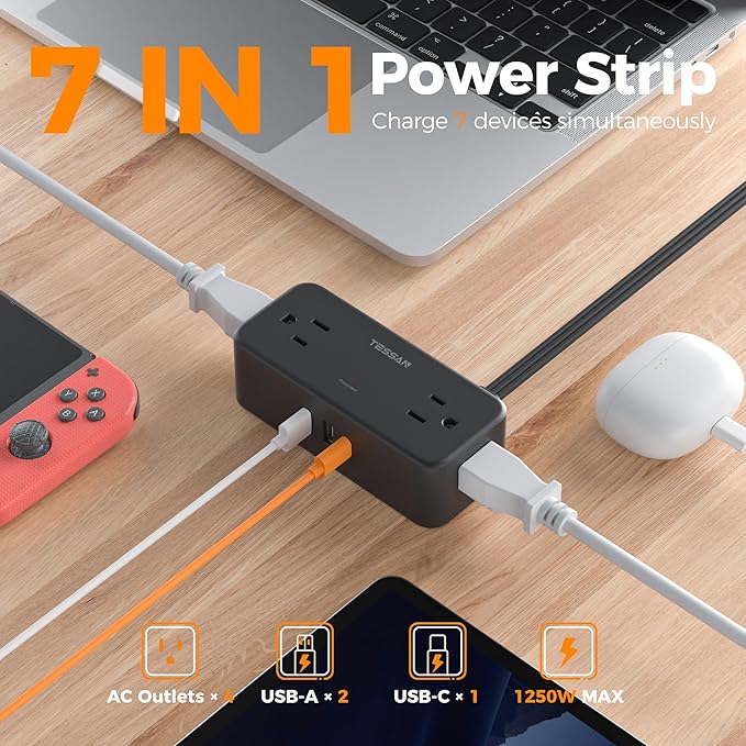 Black Extension Cord 10 Ft, TESSAN Power Strips with Surge Protection 900J with 4 Wide Spaced AC Outlets 3 USB Ports(1 USB C), Extension Cord with Multiple Outlets for Home Office Dorm Room