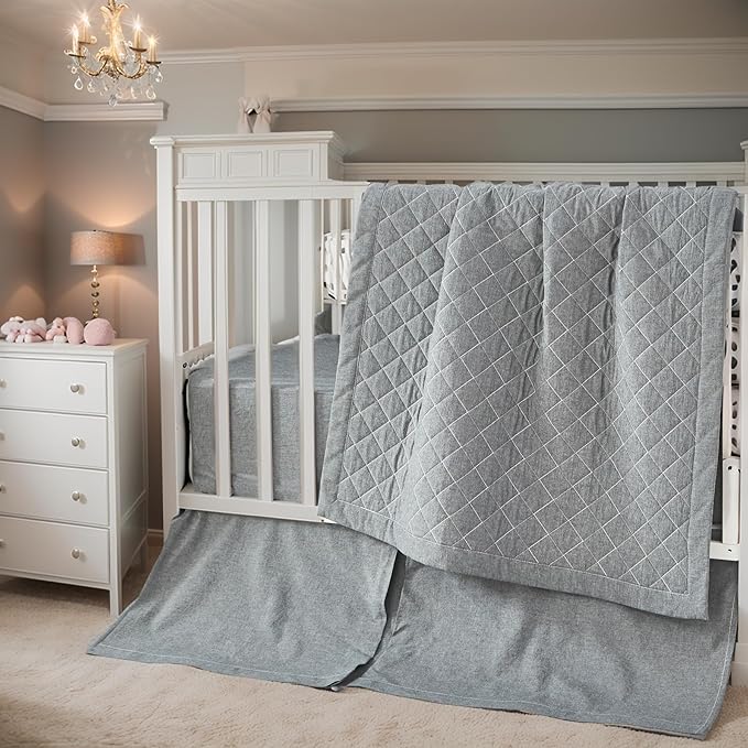 Brandream Gender Neutral Baby Crib Bedding Set 3 Pieces 100% Cotton Like Linen Supersoft Classic Quilted Plaid Design Boho Bohemian Farmhouse Chic Nursery Decor (Gray)