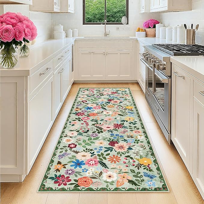 Runner Rug for Entryway: 2x10 Kitchen Rugs Non Slip Washable Ultra-Thin Soft Floral Carpet Indoor Floor Stain Resistant Carpets for Hallway Bedroom Kitchen Laundry Bathroom Dorm Green