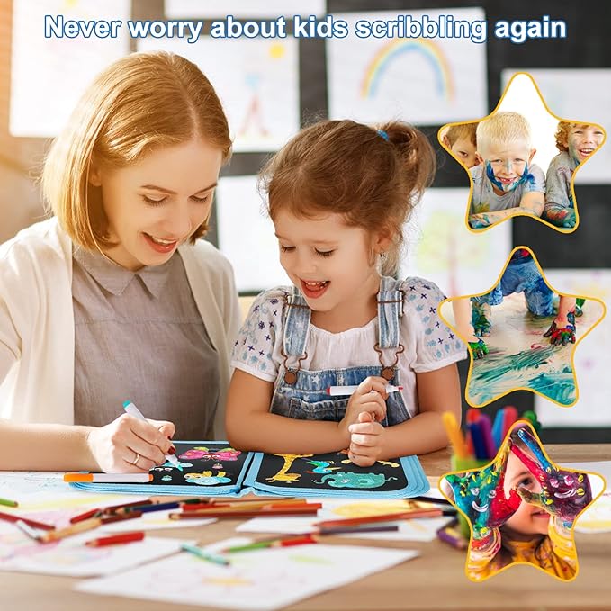 Erasable Doodle Set for Kids - Magic Drawing Book With 12 Watercolor Pens, 14 Page Reusable Drawing, Road Trip Car Game Writing Painting Set for Boys and Girls