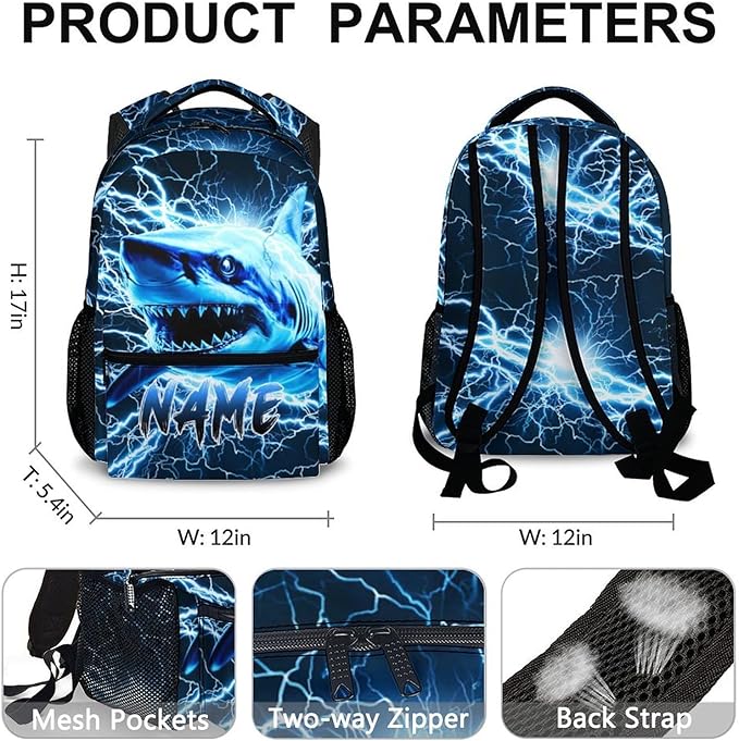 Shark Backpack for Kids Boys - 17 Inch Custom Backpacks with Name for Kindergarten Primary Elementary Senior Middle - Cool Durable Personalized Lightning Bookbag