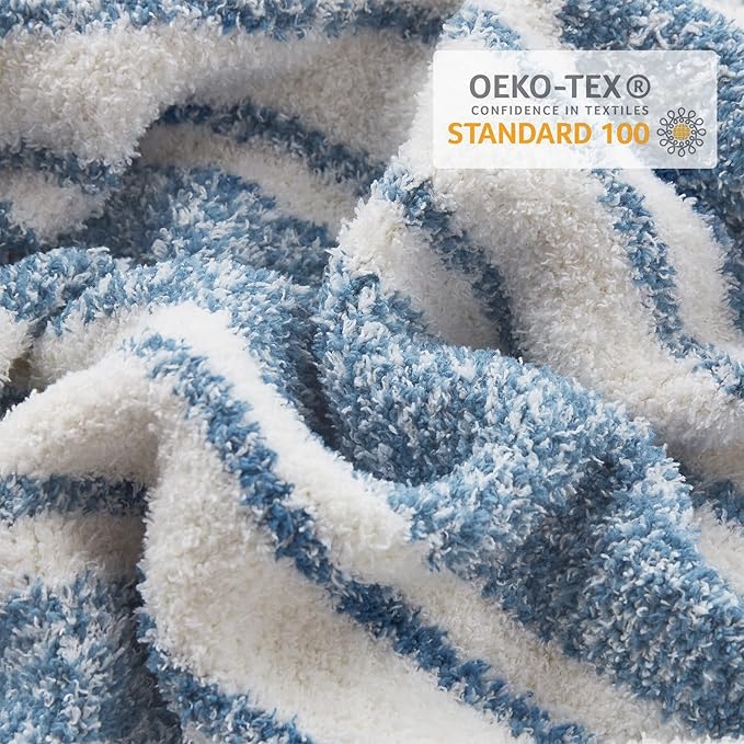 Snuggle Sac Stripe Blue Blankets Luxurious Microfiber Fabric, Reversible Super Soft Bedding Blankets Warm Cozy Knit Fuzzy Plush Blanket for Bed,Couch,Sofa,Living Room, Blue Stripe,60x80 inches