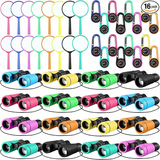 Hiboom 16 Set Kids Binoculars Bulk Shockproof Folding Children Mini Compact Binoculars Compass Magnifying Glass for 3-12 Years Boys Girls Kids Bird Watching Camping Outdoor Play
