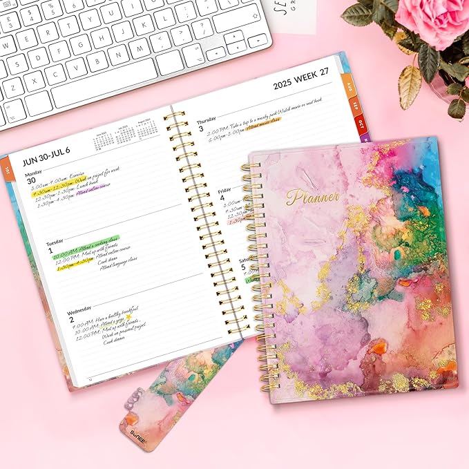 SUNEE Academic Planner 2025-2026 Weekly and Monthly - from July 2025 to June 2026, 6.4"x8.3" School Year Calendar Daily Planner with Monthly Tab, Flexible Cover, Note Pages, Spiral Binding, Marble