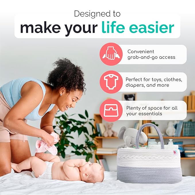 Rope Diaper Caddy - Storage for Baby and Toddler Items - Portable Cotton Organizer Easily Holds Diapers, Wipes, Clothing - Useful for Nursery, Bedroom (Gray, Extra Large)