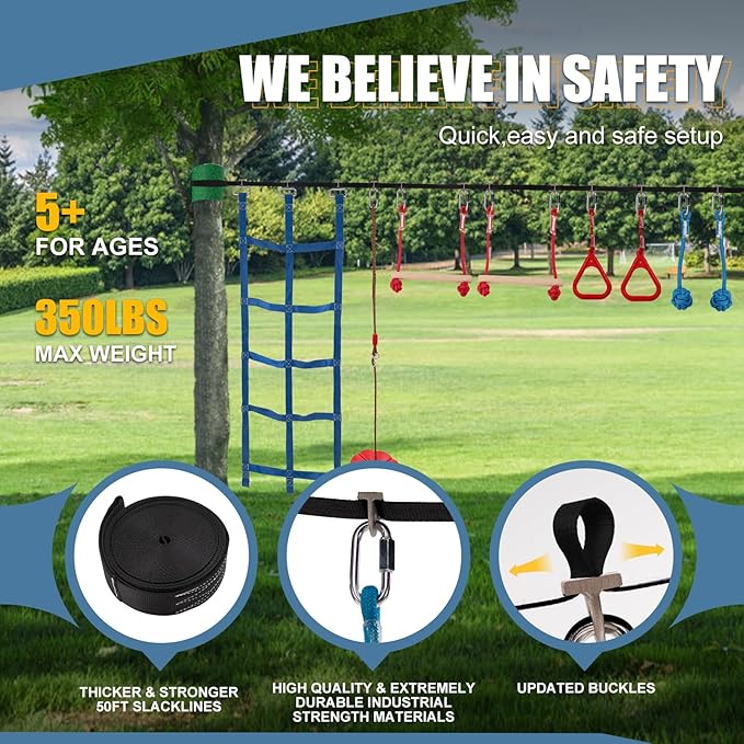 Slsy Ninja Warrior Obstacle Course for Kids, 50FT Durable Ninja Slackline Kit with 8 Accessories, Playset Equipment for Boys & Girls with Swing, Climbing Net, Ladder & Monkey Bars