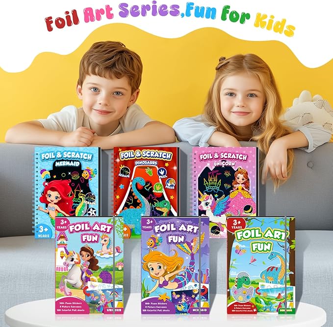 homicozy Art & Craft Activity for Kids - Foil Fun Mermaids & Scratch Art Book 2-in-1, No Mess Art Crafts for Girls,DIY Creative Activity Kit,Gifts for Girls Ages 4, 5, 6, 7, 8, 9, Travel Toys