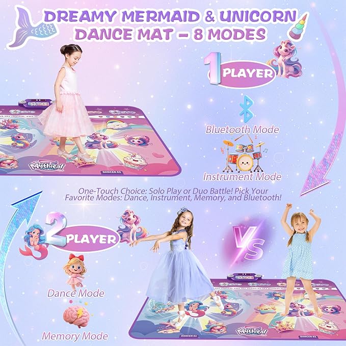 New Mermaid&Unicorn Dance Pad with 2-Players for Kids, Light-up Dancing Mat with Wireless Bluetooth, Birthday for 3 4 5 6 7 8 Year Old Girls Toddlers