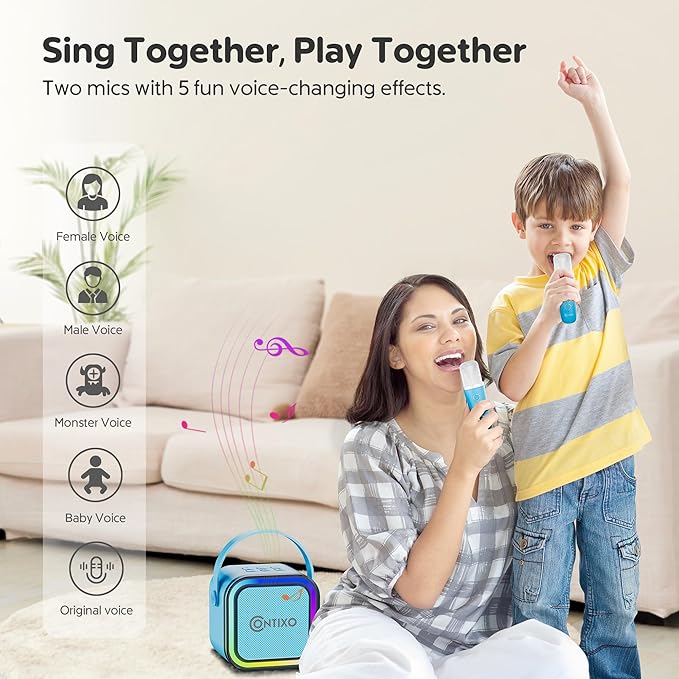 Contixo KS1A Kids Mini Karaoke Machine with LED Lights, 7–10H Playback, Dual Wireless Mics, Magic Voice Effects, Bluetooth Speaker for Children, Portable Singing Toy Gift for Boys & Girls, Blue