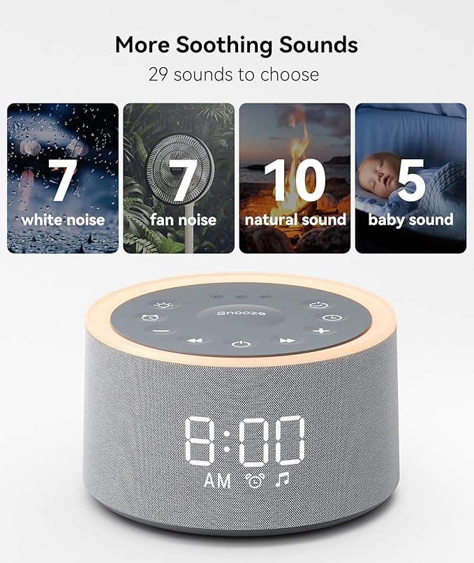 Dreamegg D1+ Sound Machine & Alarm Clock - Sound Machine for Sleep, White Noise Machine with 29 Soothing Sounds, Night Light, 0-100% Dimmable, White Noise Alarm Clock for Bedrooms Adults Baby