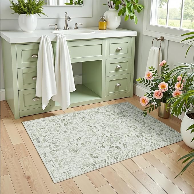 Sage Small Area Rug 2x3 Throw Rug for Entryway Bathroom Kitchen, Non-Slip Low-Pile Washable Distressed Modern Boho Floor Carpet for Laundry Room, Indoor Washstand Vanity Front Mat 24x36 Inch