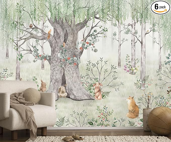 Watercolor Forest Animals Wallpaper Kids Large Tree Mural Wallpaper for Kids Bedroom Living Room(Not Self-Adhesive)