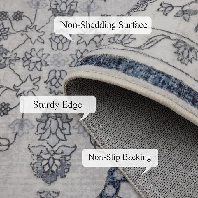 Washable Area Rugs 8x10, Large Rugs for Living Room, Carpet for Bedroom, Soft Faux Wool Retro Dining Room Rug, Non-Slip Backing Resistant Low Pile Vintage Print Rug for Home Office (Grey/Blue)