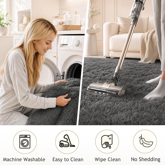 Ophanie Small Rug Upgrade Non Slip Throw Bedside Area Rugs, Fluffy Soft Grey - Image 5