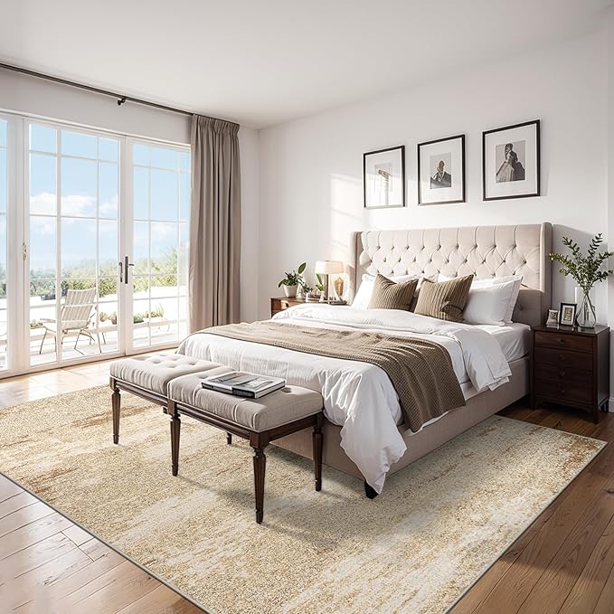 Area Rugs Living Room Rug - 5x7 Washable Modern Abstract Soft Neutral Non-Slip Carpet Large Indoor Floor Stain Resistant Thin Carpets for Bedroom Dining Room Farmhouse Nursery Home Office Beige