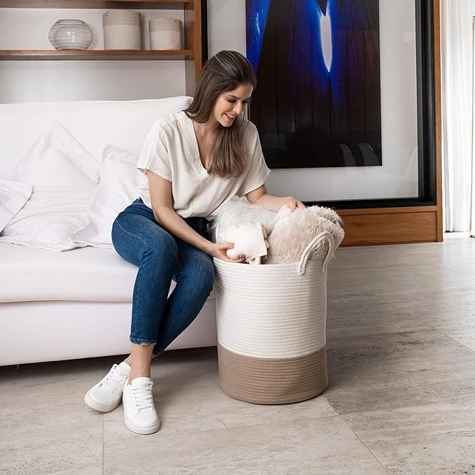 OrganiHaus Boho Laundry Basket 15x18, Baby Hamper for Nursery, Boy Basket for Toys, Basket for Blankets fror Living Room, Large Woven Basket for Storage, Towel Basket & Blanket Basket, Honey